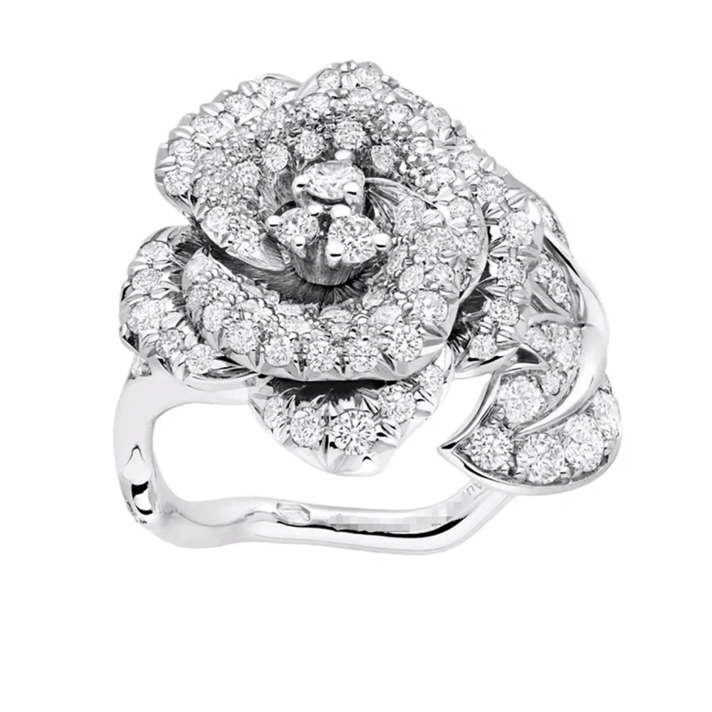 Winkin Winsin Camellia Leaf Inlaid Full-diamond Ring 925 Sterling Silver  Lab Grown High Carbon Diamond Zircon Women Ring