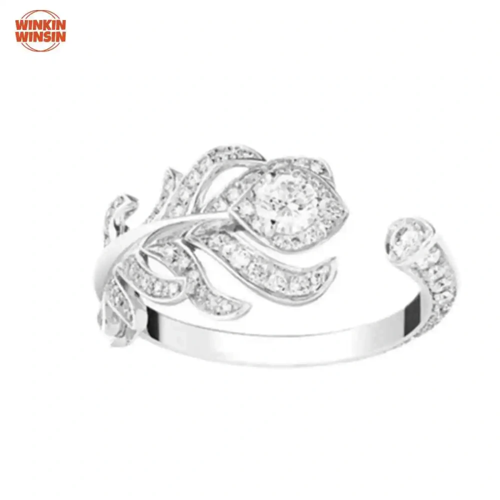 Winkin Winsin S925 Silver Feather Fairy Style Full-Diamond Open Ring Small Size Peacock Feather