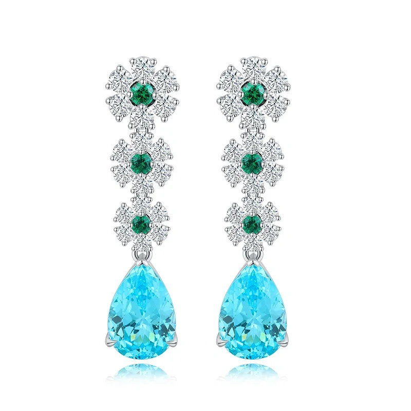 ShanLover Brand Water Drop Cultivated Paraiba 925 Sterling Silver Lab Grown Gemstones Stud Tassels Earrings Jewelry for Women