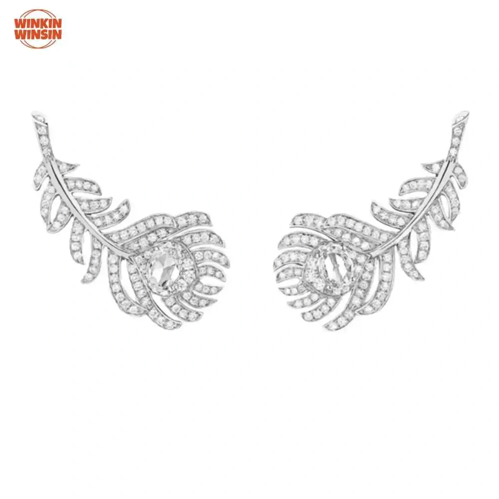 Winkin Winsin Gold-Plated Silver Feather Earrings with Full Diamond Inlay Sterling Silver 925