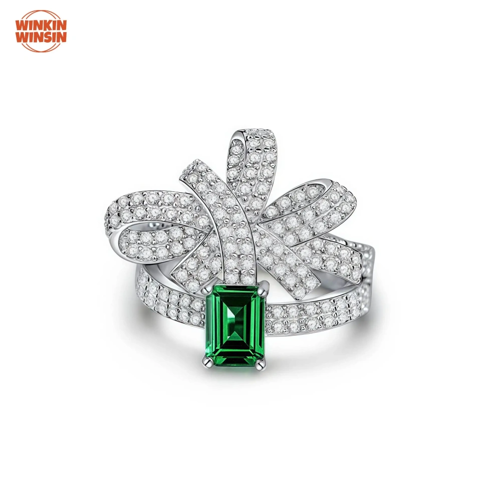 Winkin Winsin 1ct Zambian Color Cultured Emerald 5*7 Bowknot Ring 925 Silver