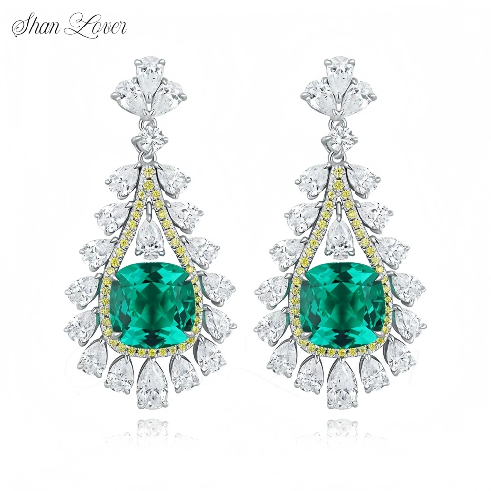 ShanLover 4.2ct Lab Grown Emerald Stud Earrings Green Gemstones Jewelry For Woman Real 925 Sterling Silver Pendant Drop Earrings
