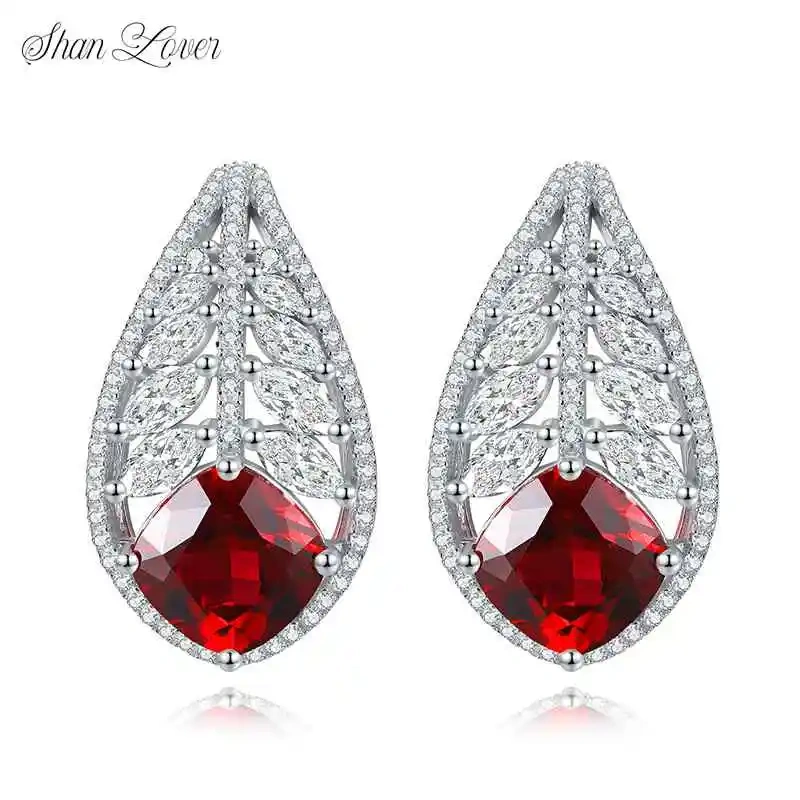 ShanLover Brand S925 Silver Cultivated Gemstone Temperament Leaf Ear Stud Female  Blood Red Gemstone Certificated Stud Earrings