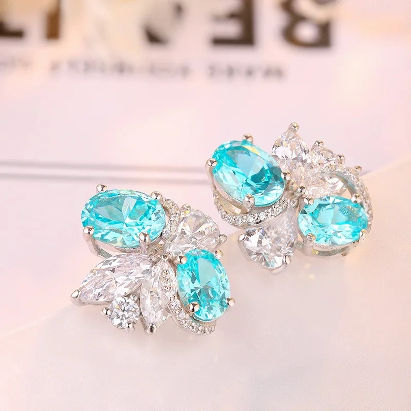 ShanLover Brand 6.5ct Lab Grown Paraiba Tourmaline Stud Earrings for Women Blue Gemstones 925 Sterling Silver Earrings Jewelry