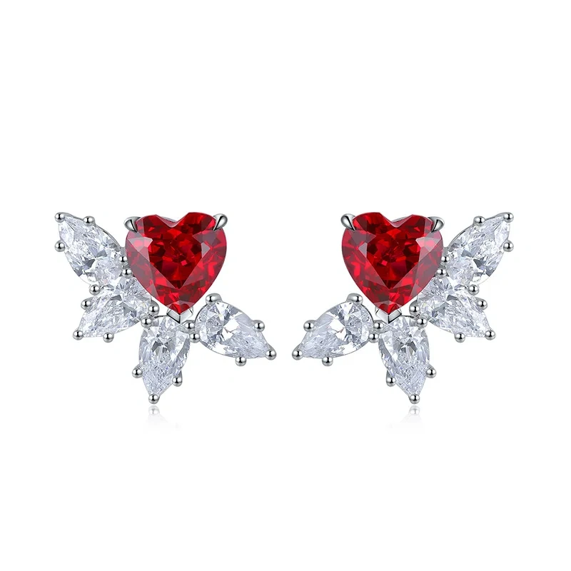 ShanLover Brand High and elegant small heart-shaped cultivated ruby stud earrings Certificate Colorful Fashion Earrings Jewelry