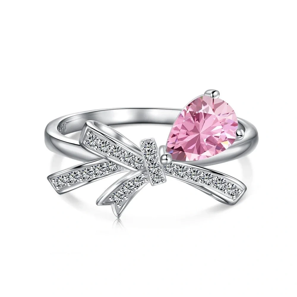 Winkin Winsin s925 sterling silver teardrop pear-shaped bow moissanite ring, a high-end silver jewelry for women
