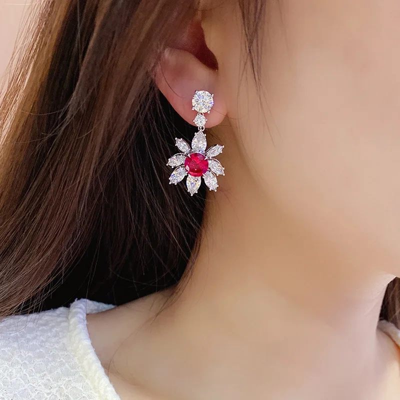 ShanLover Brand Simple Floral round Red Gemstone Silver Ear Studs Lab Grown Gemstones  Pigeon Blood Red Ruby Fashion Jewelry