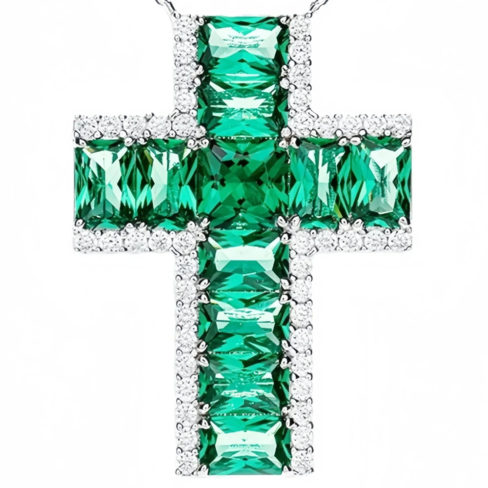 Winkin Winsin Brand 925 Sterling Silver Cross Full Gemstones Pendant Chain Necklace Jewelry Unisex Green Carbon Diamond Pendants