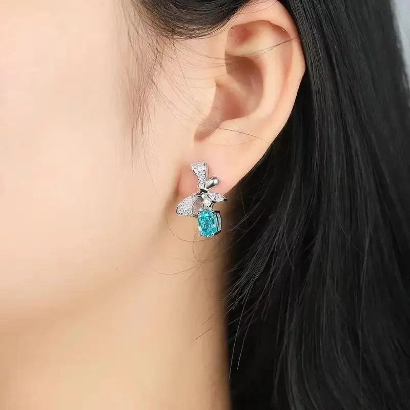 ShanLover Brand 3.9ct 925 Sterling Silver Lab Grown Gemstones Bow Cultivation Paraiba Stud Earrings Luxury Jewelry for Women
