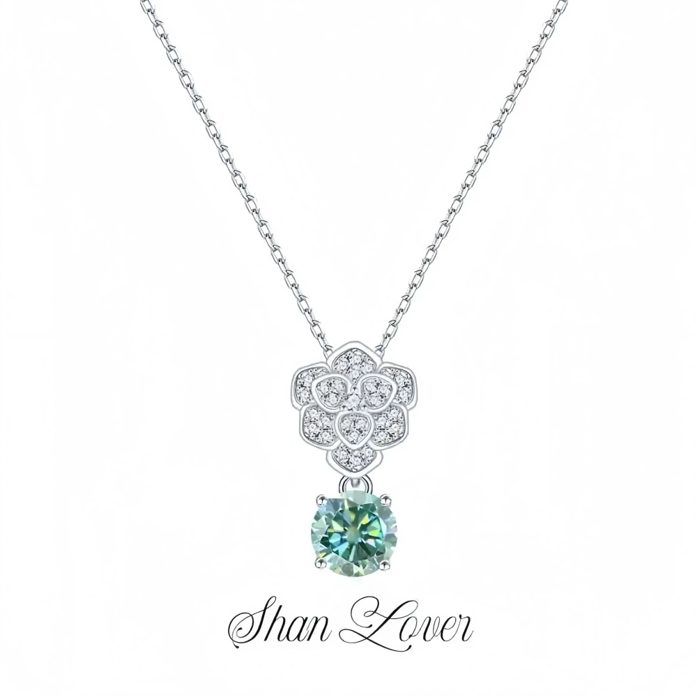 ShanLover Brand 1ct Moissanite Diamond Camellia Pendant Necklace 925 Sterling Silver Collarbone Chain Fashionable Jewelry
