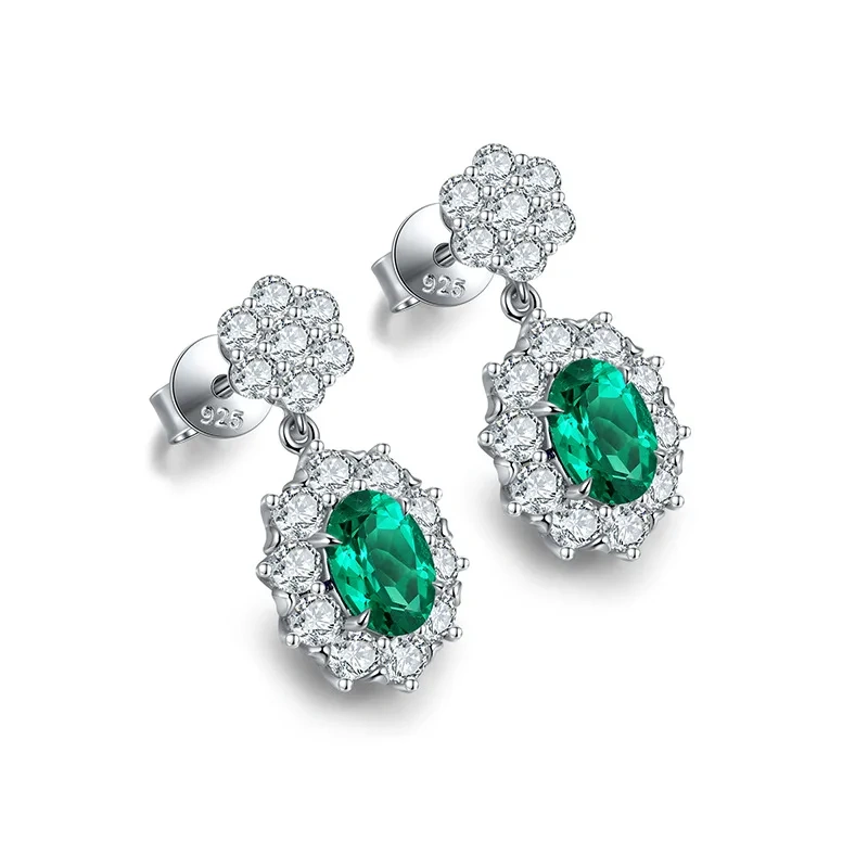 ShanLover Brand Classic  style stud earrings cultivated emerald earrings emeralds 925 silver Lab Grown Gemstones Necklace