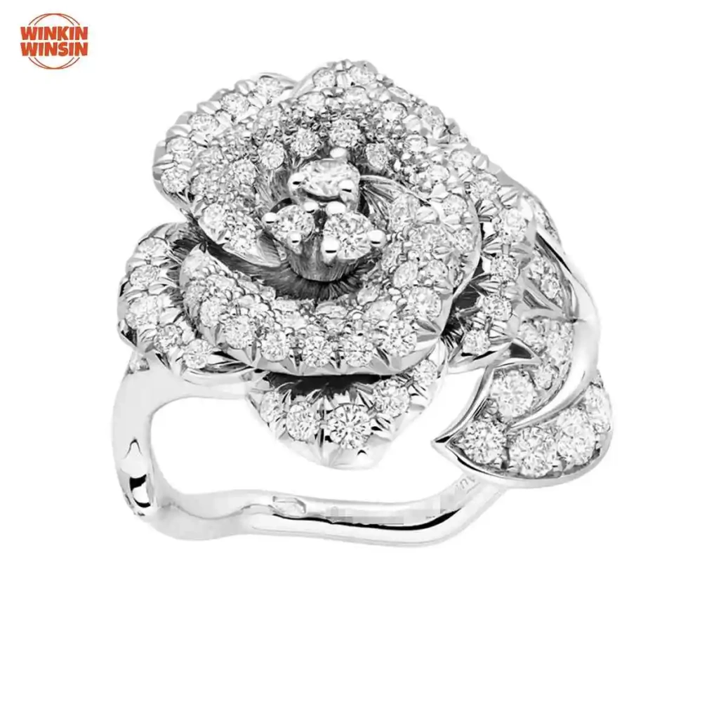 Winkin Winsin Camellia Leaf Inlaid Full-diamond Ring 925 Sterling Silver  Lab Grown High Carbon Diamond Zircon Women Ring