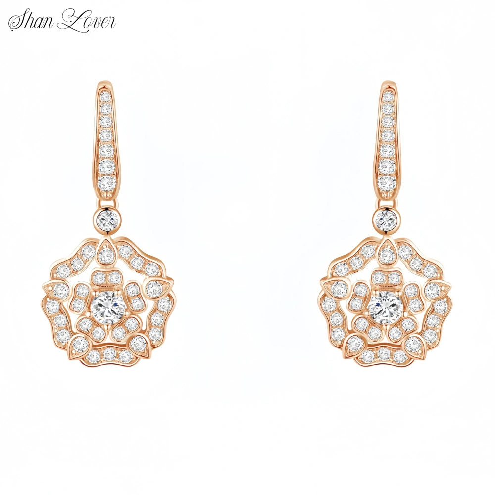 ShanLover Brand 925 Sterling Silver Drop Earrings 18kgp 18k Gold Plated Jewelry Full Diamond Camellia Flower Earrings For Woman