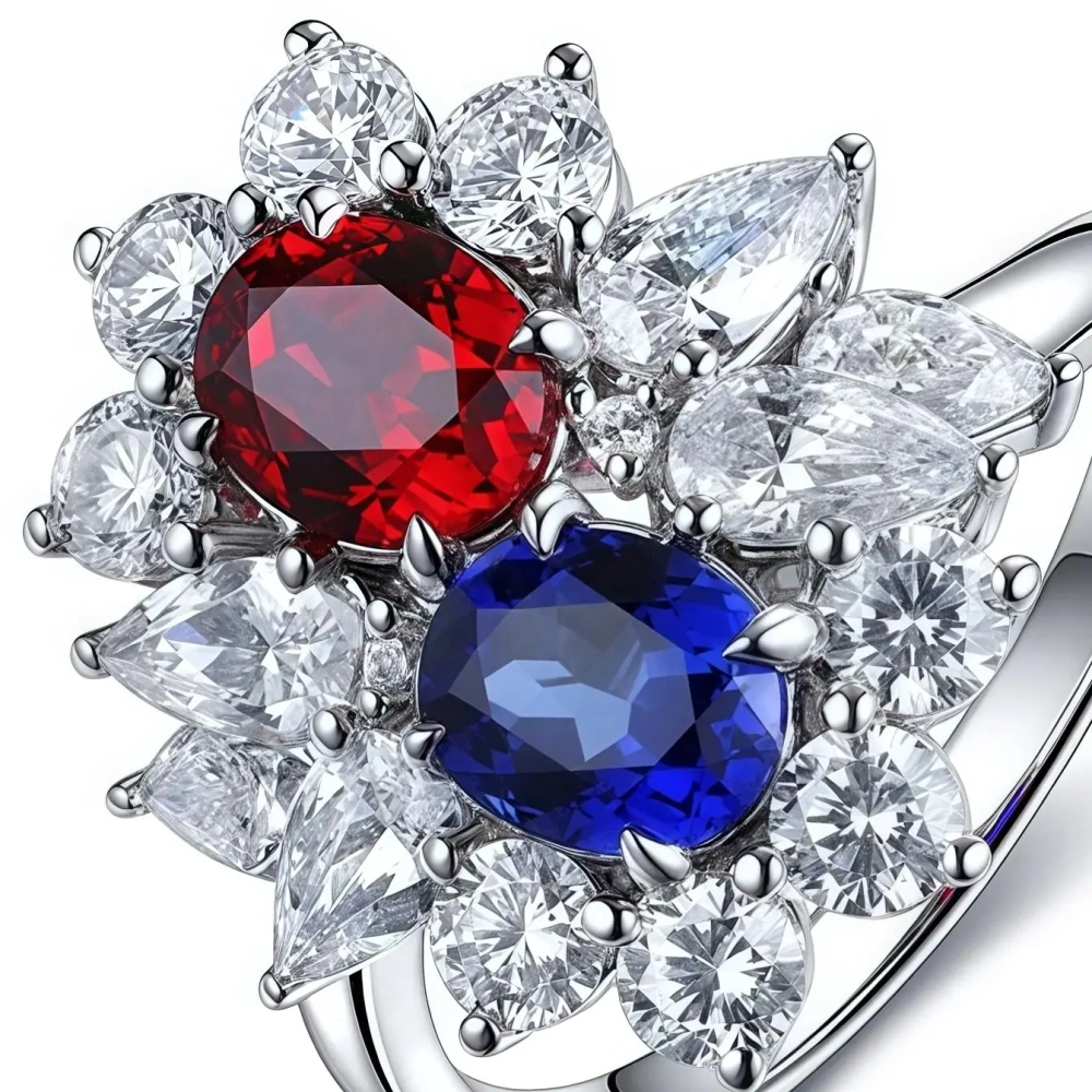 ShanLover Brand Oval Shaped Cultivated Sapphire Ring with Double Stones Red And Blue Light Luxury High End Jewelry