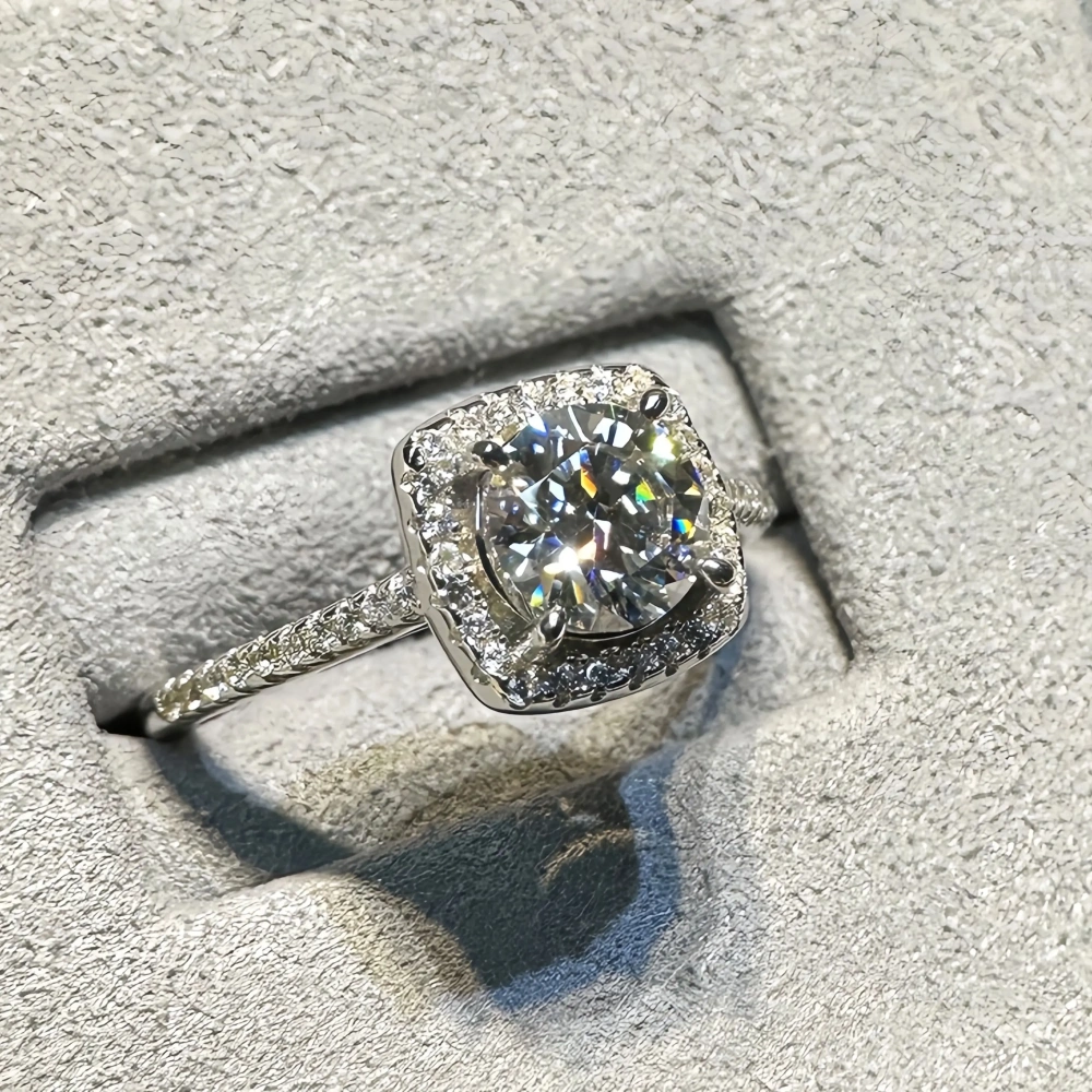 ShanLover Brand 1ct Moissanite Diamond Ring S925 Sterling Silver Square Baguette Cut Engagement Ring with Accented Diamonds