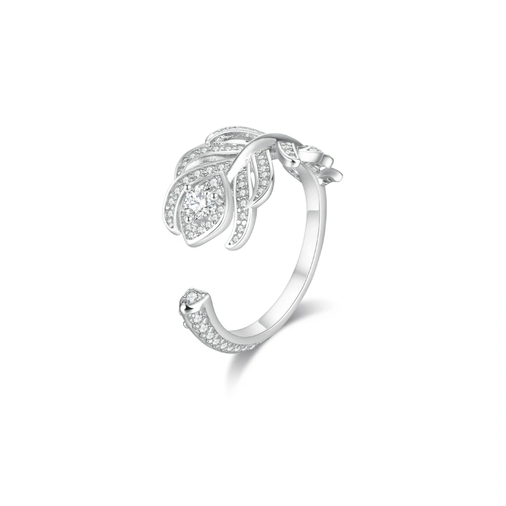 ShanLover Brand S925 Real 925 Silver Full Diamond Feather Ring Opening Design Pure Sterling Silver Rings For Woman Man Jewelry