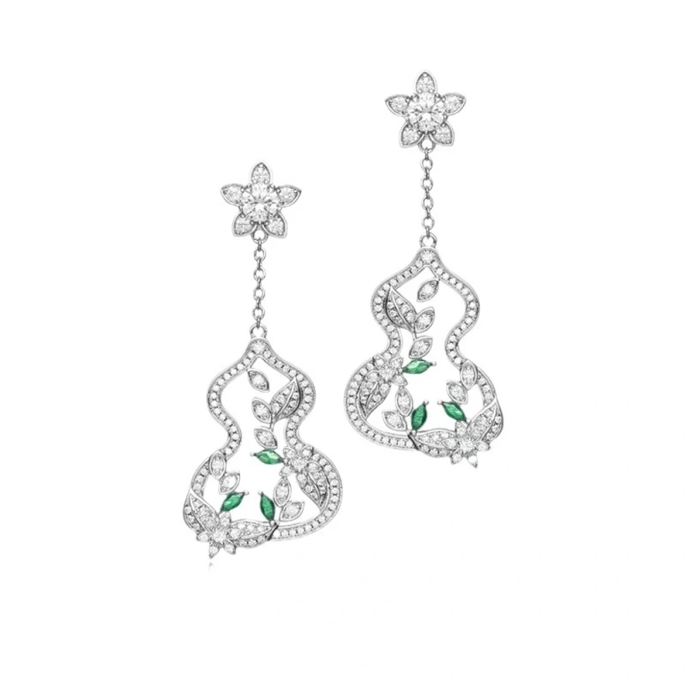 Winkin Winsin Solid Pure Silver Emerald-Embellished Hollow-out Large Gourd Earrings with Tassels