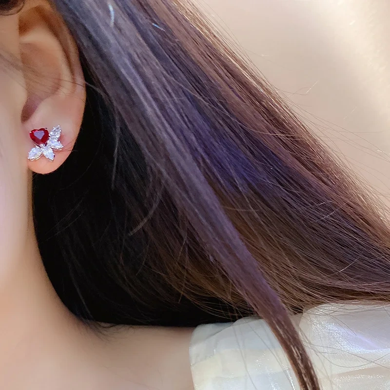ShanLover Brand High and elegant small heart-shaped cultivated ruby stud earrings Certificate Colorful Fashion Earrings Jewelry