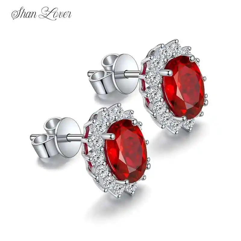 ShanLover Brand Lab Grown Red Stud Earrings Classic Princess Diana Style Retro Feel Diamond Jewelry for Women Jewelry