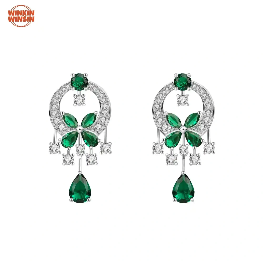 Winkin Winsin Sterling Silver S925 Garden Butterfly Circle Emerald Diamond Necklace with Water Drop Diamonds