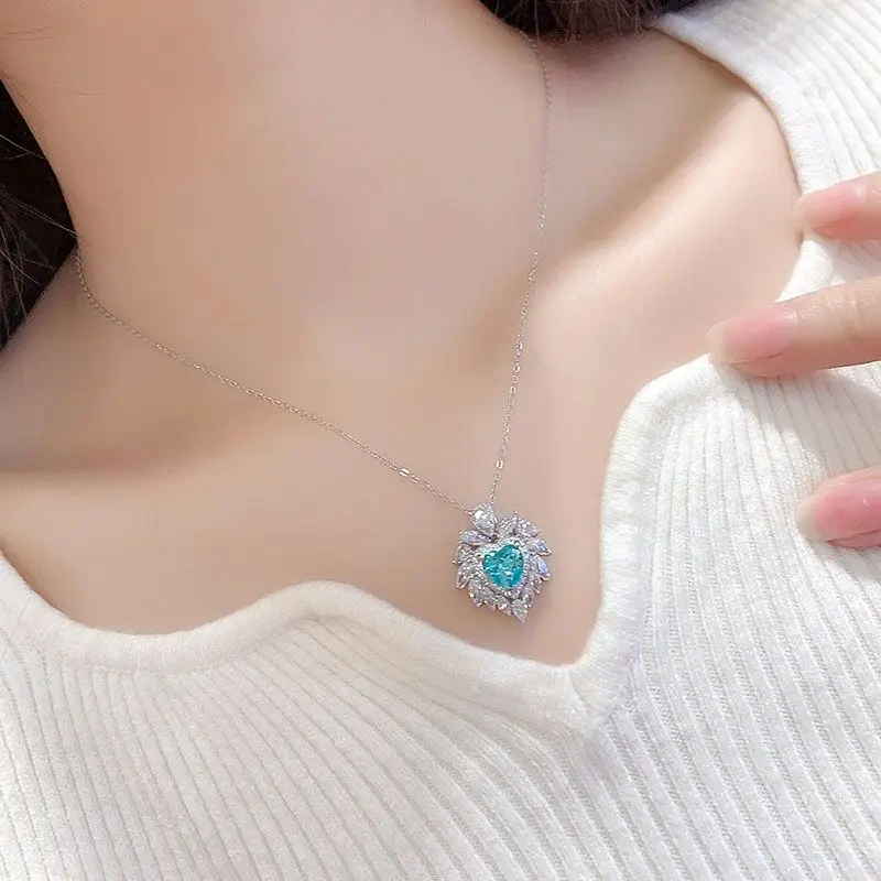 ShanLover BrandS925 Sterling Silver Paraiba Heart Shaped Necklace Lab Inlaid Jewelry Necklace S925 Sterling Silver Jewelry