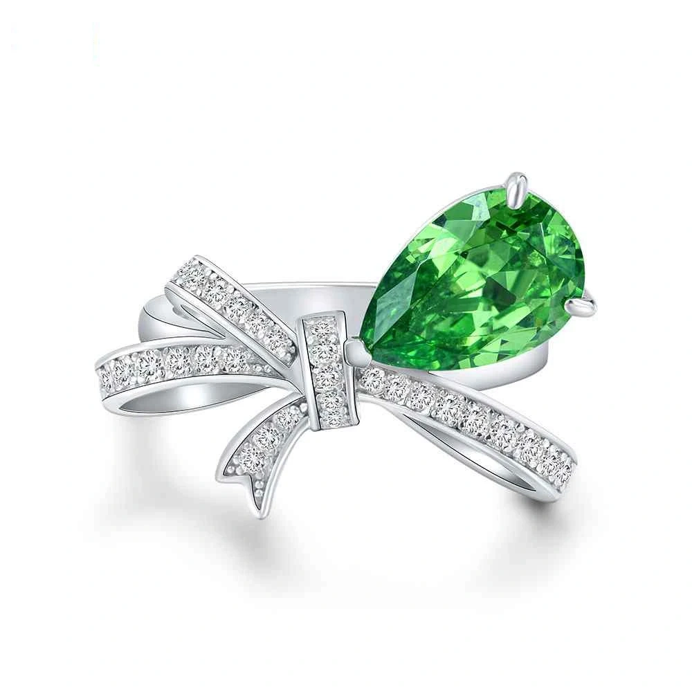 Winkin Winsin Bowknot Diamond Ring 3ct Emerald Green Water Drop Shape Lab Grown Gemstones High Carbon Diamond Ring Jewelry