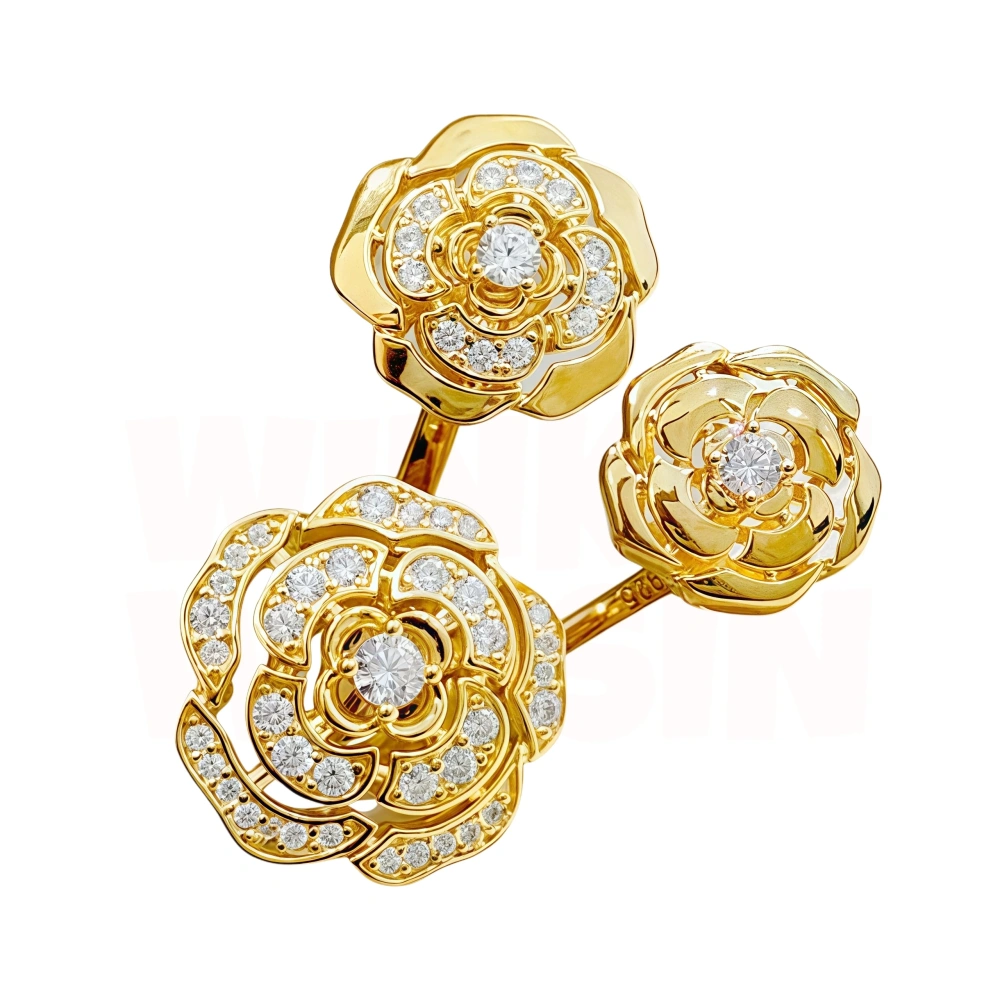 Winkin Winsin Brand Luxury Real S925 925 Sterling Silver Camellia Ring Three Flower Rings For Women Adjustable Camellia Jewelry