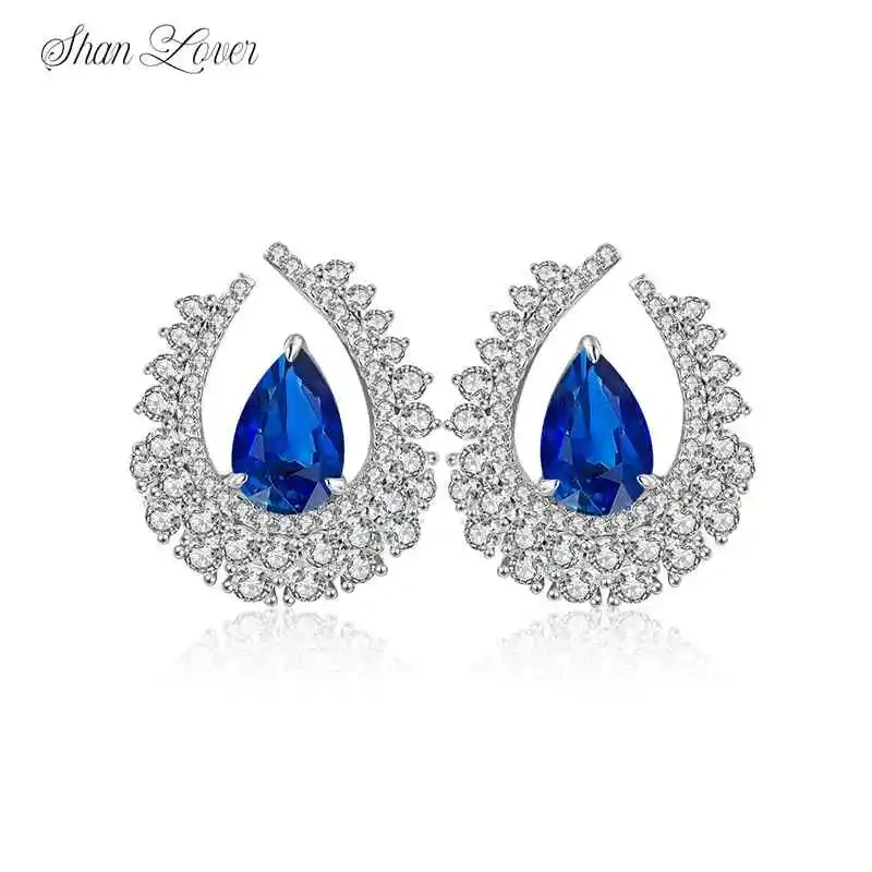 ShanLover Brand Deep Blue Teardrop Earrings Sapphire Stud Earrings For Lab Grown Gemstones Women S925 Silver Earrings