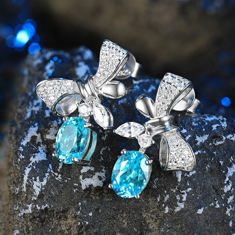 ShanLover Brand 3.9ct 925 Sterling Silver Lab Grown Gemstones Bow Cultivation Paraiba Stud Earrings Luxury Jewelry for Women