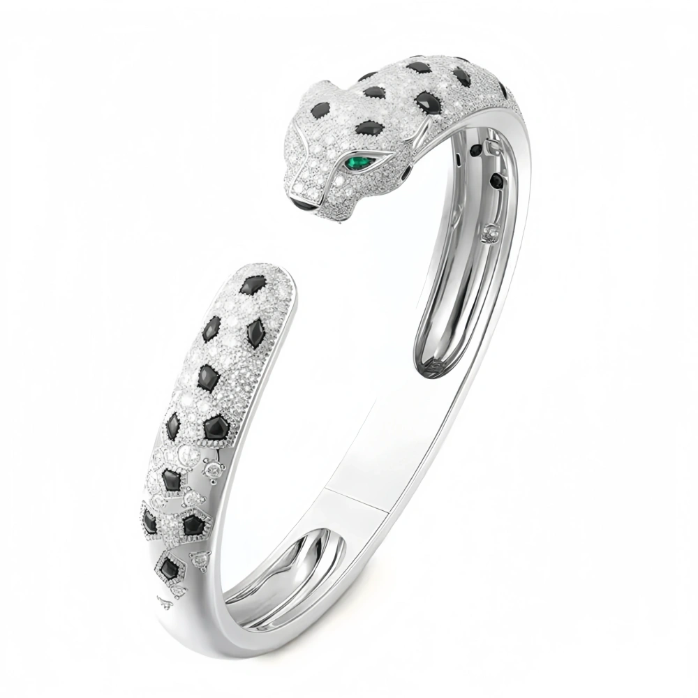 Winkin Winsin Brand Designer 925 Sterling Silver Cuff Bangle For Women Carbon Diamond Cheetah Leopard Bangles Bracelet Jewelry