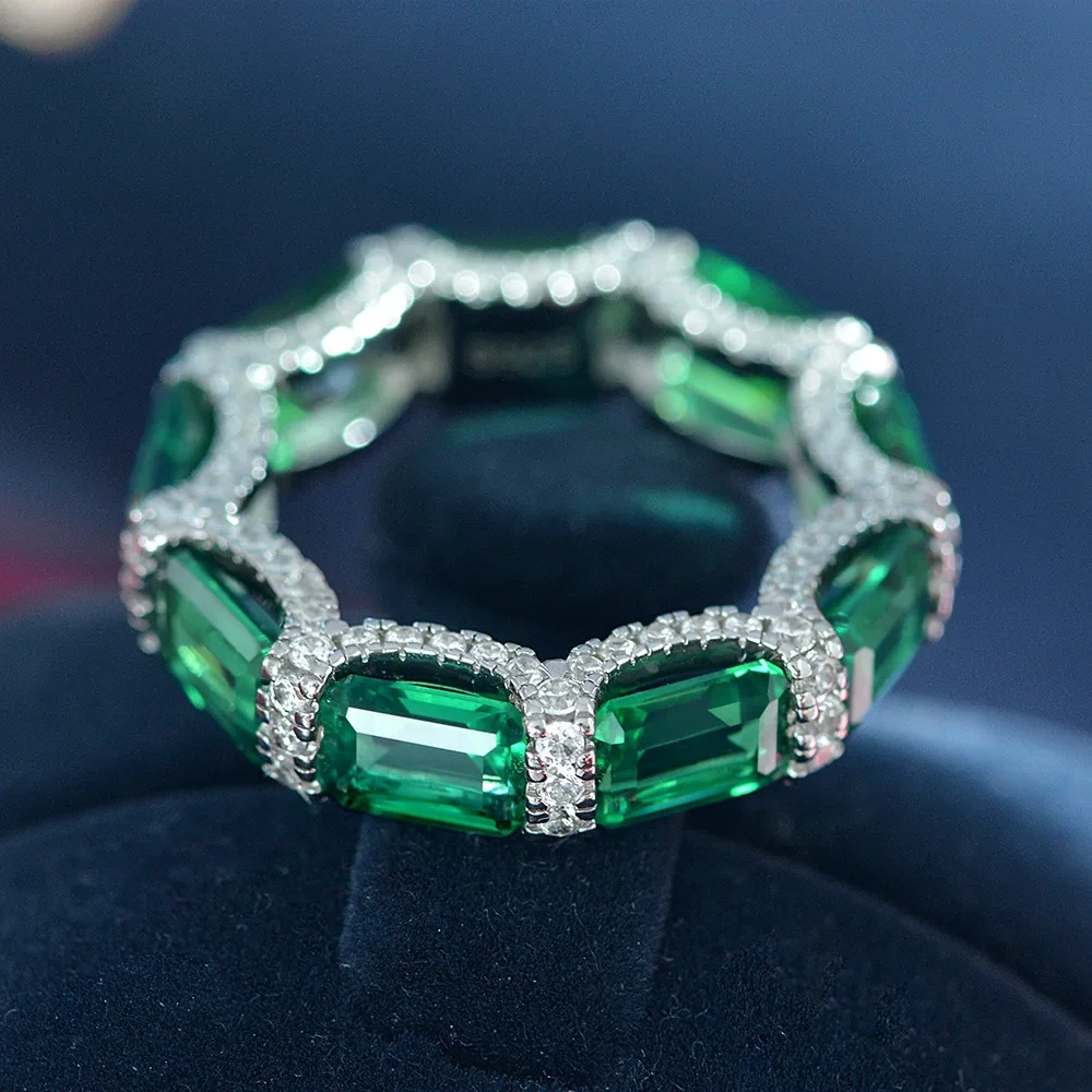 Winkin Winsin 925 Sterling Silver Ring 1ct Synthetic Emerald Lab Grown Gemstones High Carbon Diamond Ring for Women Jewelry