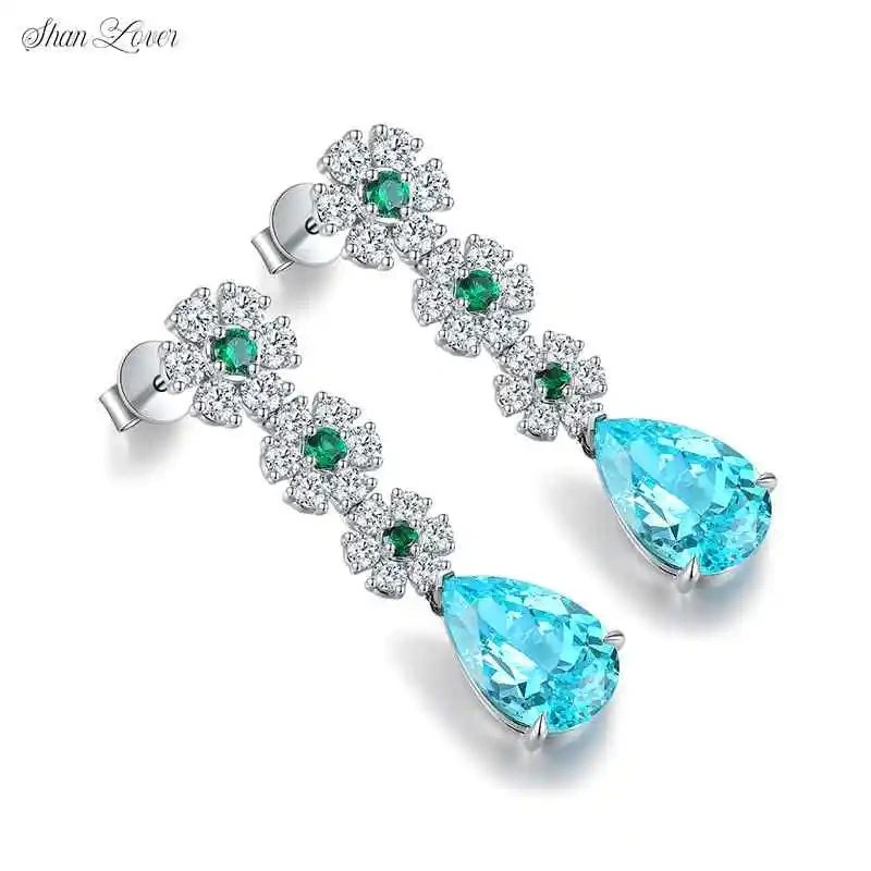 ShanLover Brand Water Drop Cultivated Paraiba 925 Sterling Silver Lab Grown Gemstones Stud Tassels Earrings Jewelry for Women