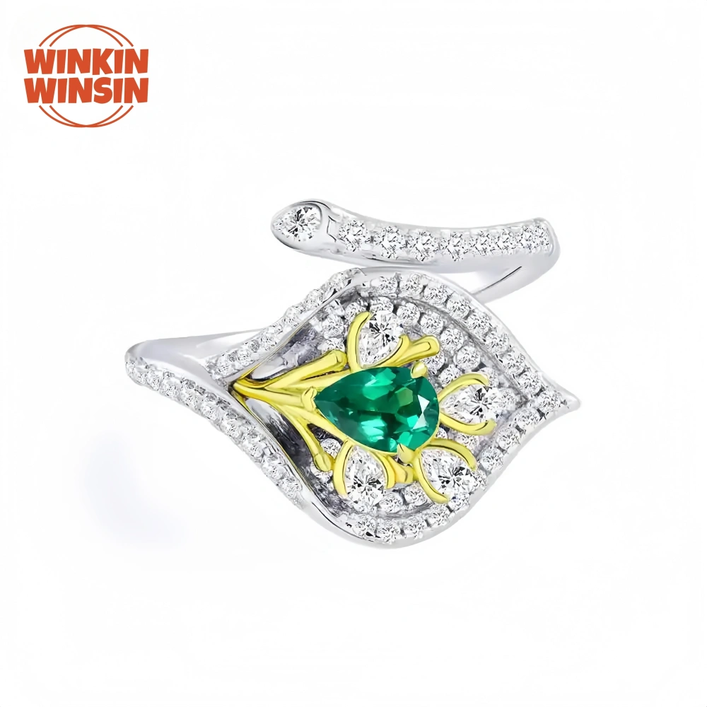 Winkin Winsin MUSHAN MGI Lab Grown Gemstones Emerald Ring Opening Adjustable 18k Gold Plated 925 Sterling Silver Rings Jewelry