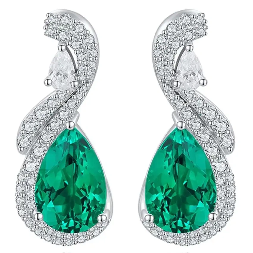 ShanLover Brand 5.8ct High End Lab Grown Gemstones Emerald 925 Sterling Silver Stud Earrings Fine Jewelry
