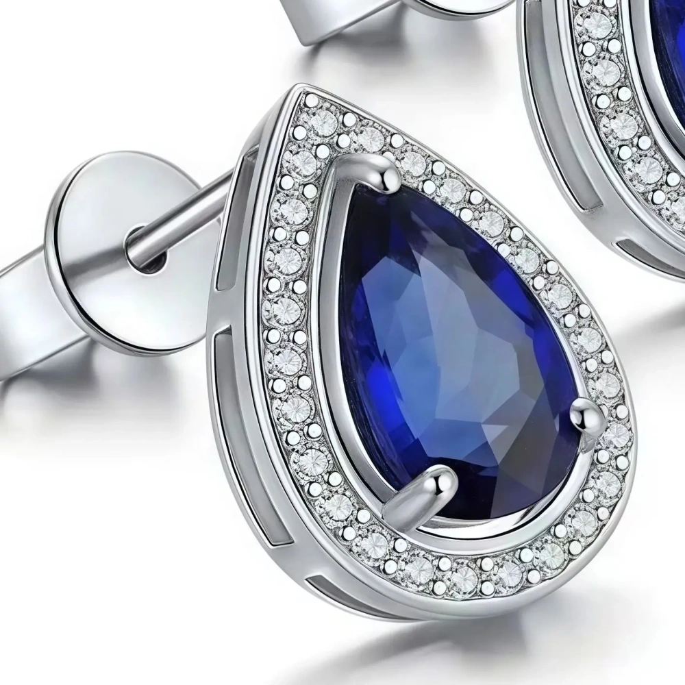 ShanLover Brand Luxury 925 Sterling Silver Earrings Lab Grown Teardrop Shaped Sapphire Stud Earrings for Women