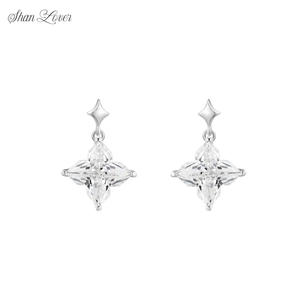 ShanLover Brand Hot Sales AAAAA Level 925 Sterling Silve Cut Diamond Four Leaf Clover Zircon Drop Stud Earrings Luxury Jewelry