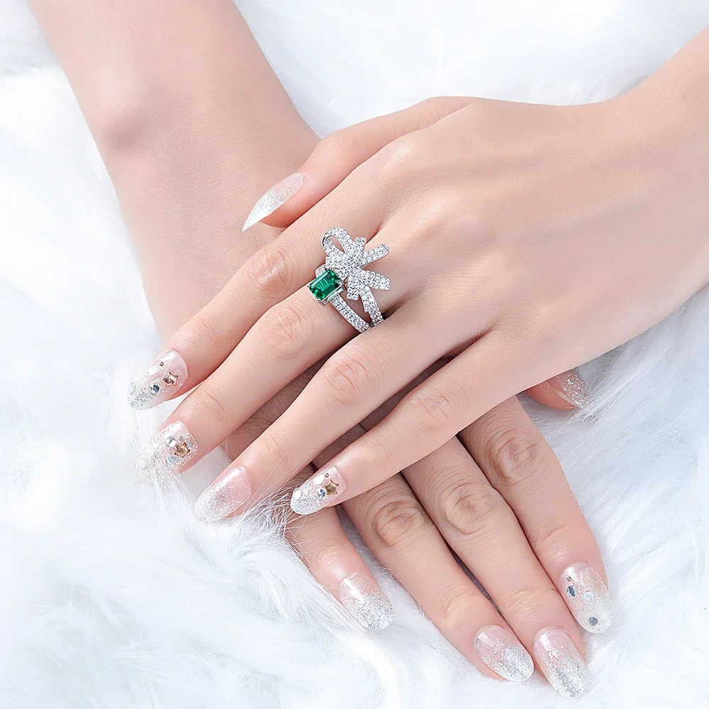 Winkin Winsin 1ct Zambian Color Cultured Emerald 5*7 Bowknot Ring 925 Silver