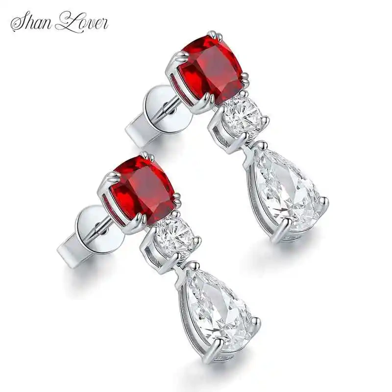ShanLover Brand Luxury Brand Designer Ruby Stud Real 925 Sterling Silver Earrings High Quality Pigeon Blood Red Jewelry