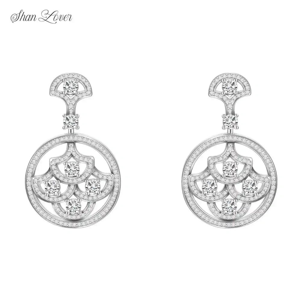 ShanLover Brand AAAAA Grade MST Top Grade 925 Sterling Silver Full Diamond Hollow Fan Shaped Zircon Earrings Luxury Jewelry