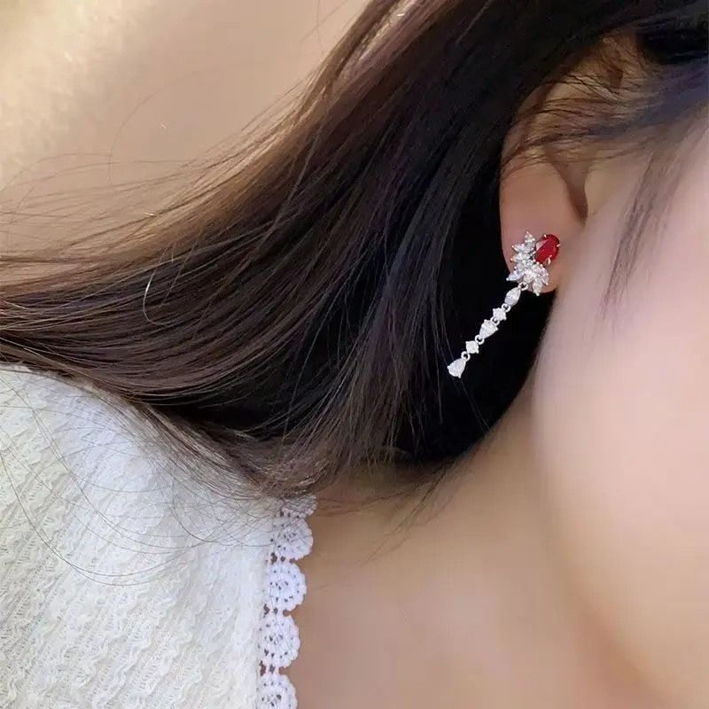 ShanLover Brand Fashion Red Moissanite Diamond Tassel Ear Studs S925 Pure Sterling Silver Earrings Jewelry CMA Certificate