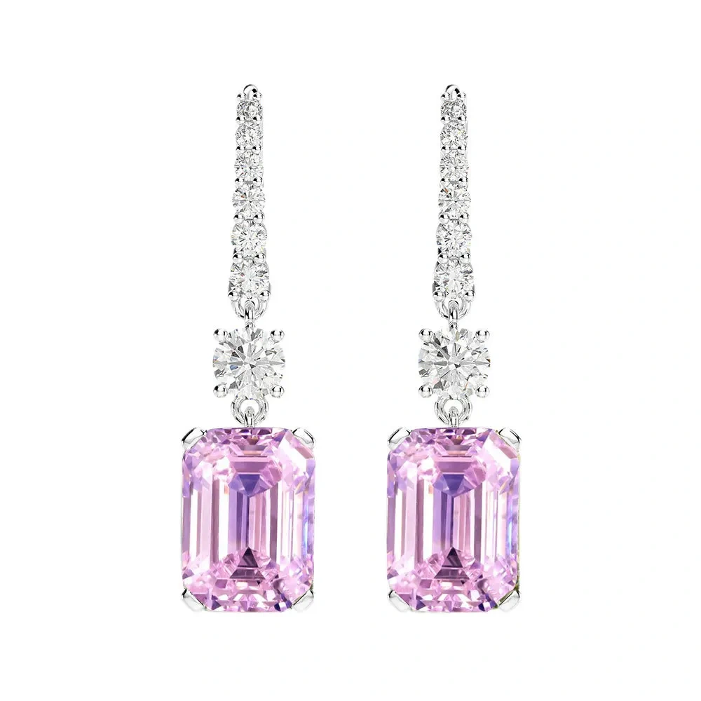 Winkin Winsin 925 Silver 8*11 High-Carbon Diamond Earrings, Rectangular Chamfered And Polished, 4 Carat Ear Hooks For Women
