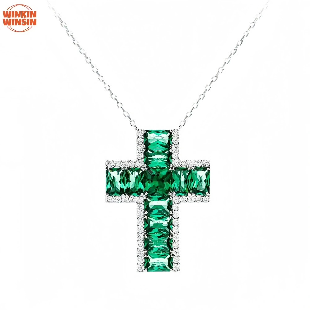 Winkin Winsin Brand 925 Sterling Silver Cross Full Gemstones Pendant Chain Necklace Jewelry Unisex Green Carbon Diamond Pendants
