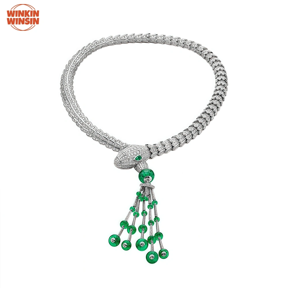 Winkin Winsin Luxury Designer Brand Snake 925 Sterling Silver Necklaces Woman Pendant Quality Green Gemstones Necklace Jewelry
