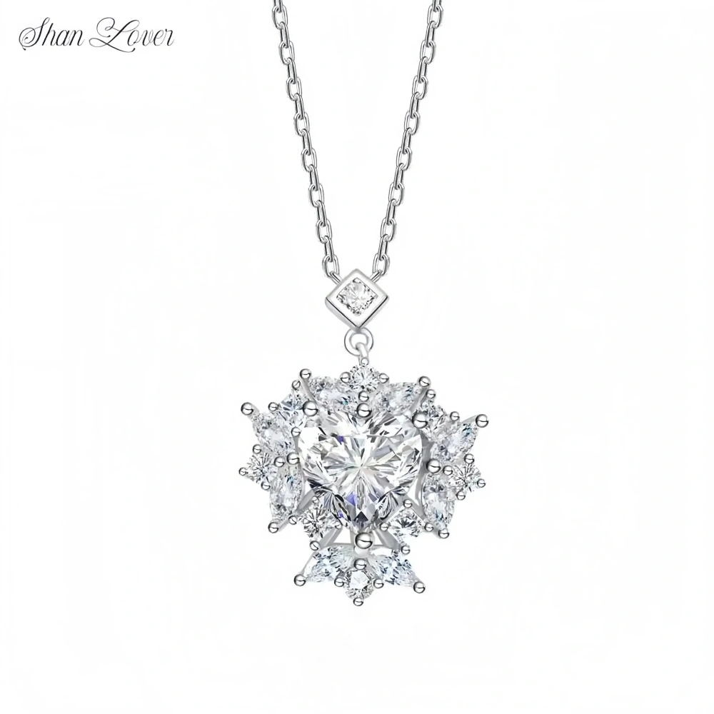 ShanLover Brand Heart shaped Moissanite Necklace for Women 925 Sterling Silver Heart Pendant Jewelry