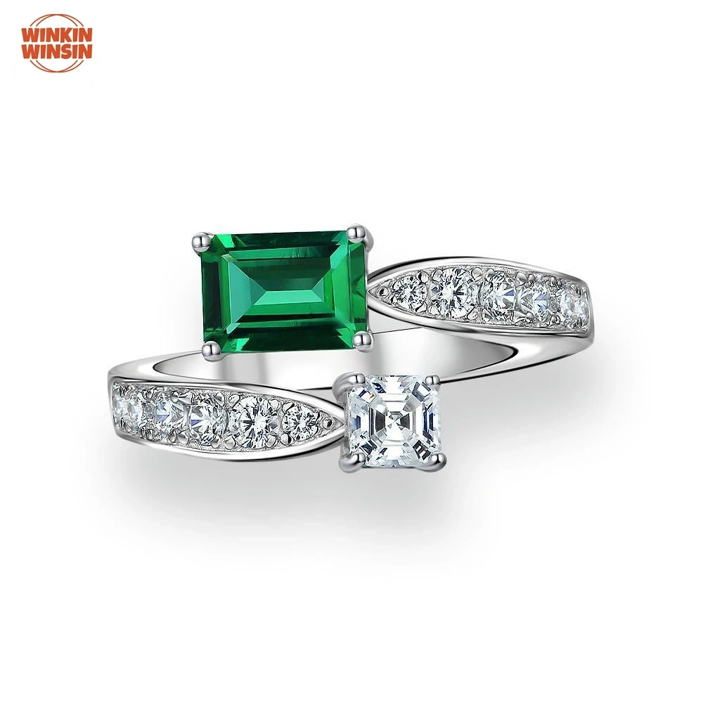 Winkin Winsin 1ct Cultured Emerald 5*7 High-Carbon Diamond Ring, Women's European and American Fashion Open Ring
