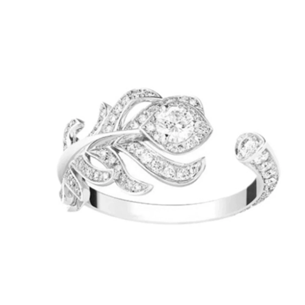 Winkin Winsin S925 Silver Feather Fairy Style Full-Diamond Open Ring Small Size Peacock Feather