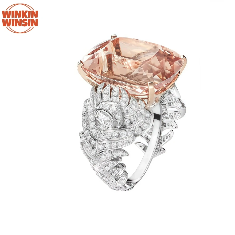 Winkin Winsin Luxury Brand 925 Sterling Silver Rings For Woman Feather Carbon Diamond Synthetic Morganite Gemstones Ring Jewelry