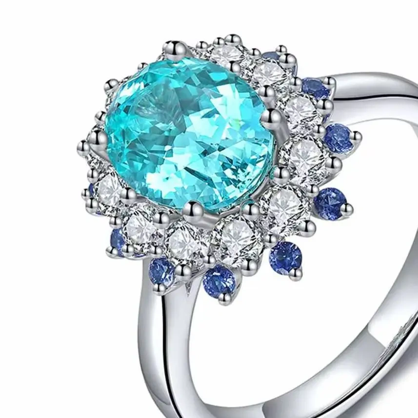 ShanLover Brand Classic Lab-Grown Paraiba Ring with Earrings 2.7-Carat 925 Silver Simple Silver Wedding Earrings Jewelry