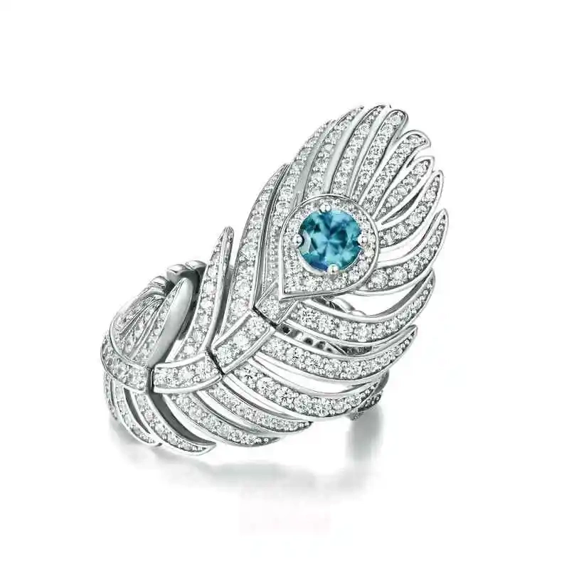 Winkin Winsin Brand Luxury S925 925 Sterling Silver Ring For Women Peacock Feathers Rings Girls Blue Zircon Finger Ring Jewelry