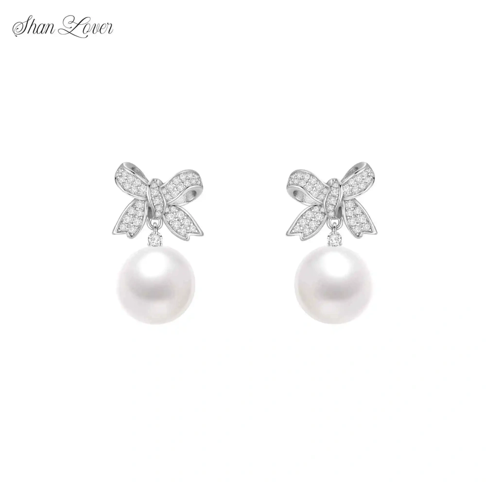 ShanLover Brand 5A Grade 925 Sterling Silver Pearl Pendant Bow Zircon Drop Earrings Luxury High End Niche Design Jewelry